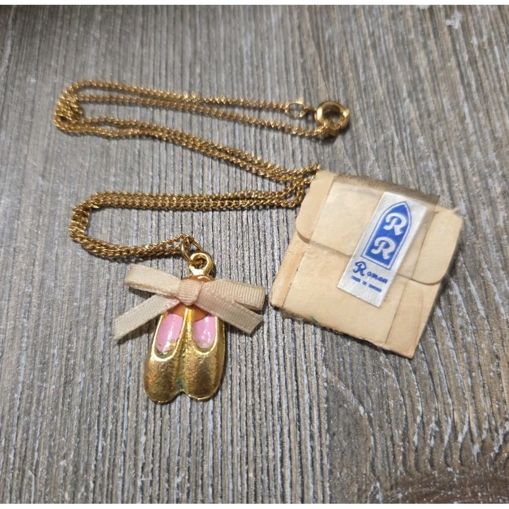 Gold Tone Ballerina Ballet Slippers Necklace Vintage By Roman 16 Inch